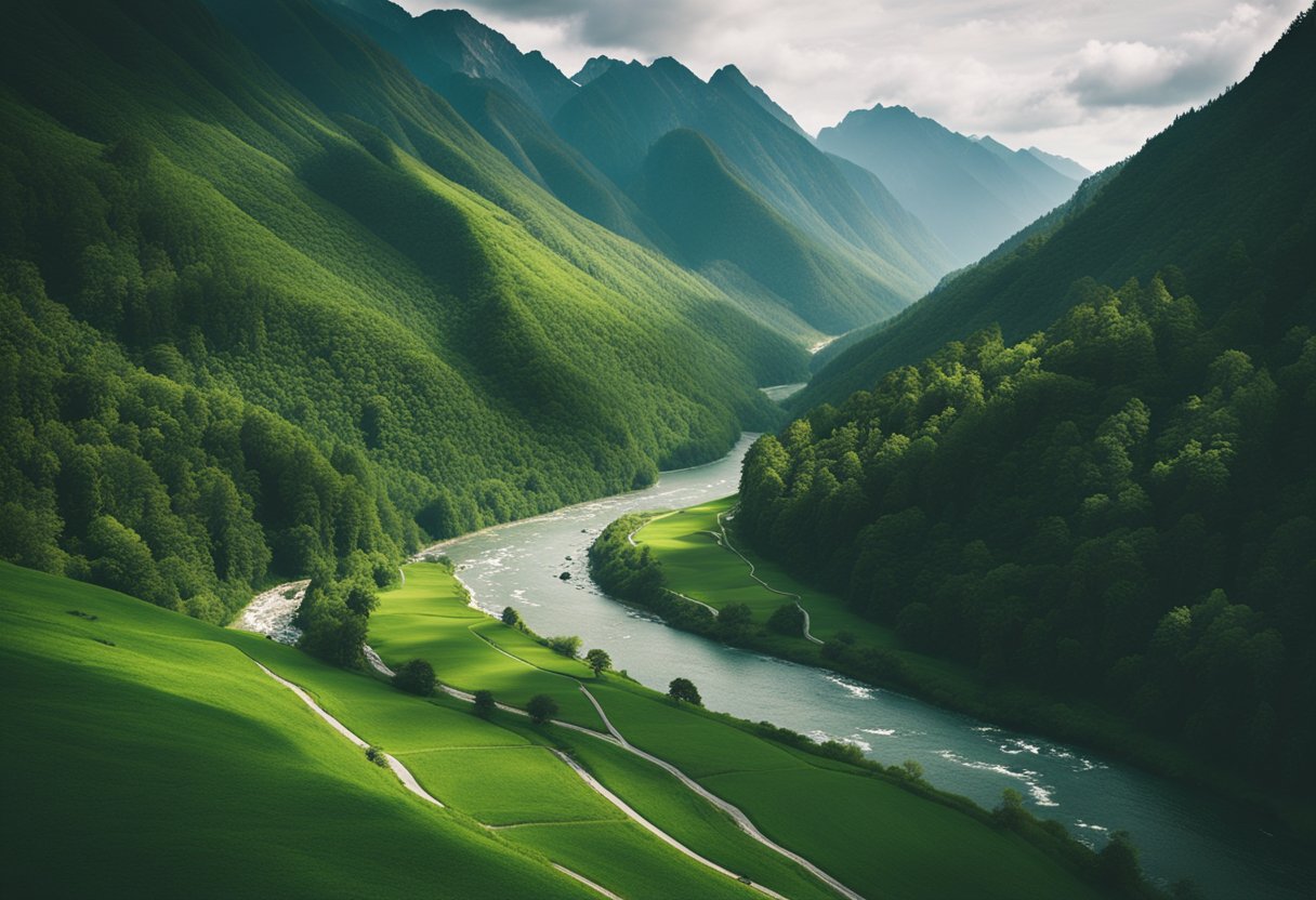 A lush, green valley surrounded by towering mountains and flowing rivers