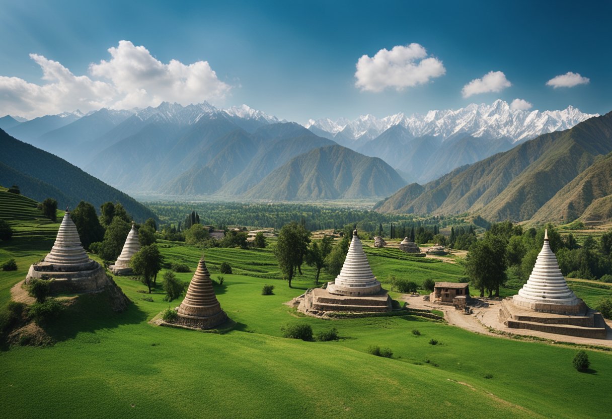 A panoramic view of Swat Valley with ancient Buddhist stupas and lush green mountains