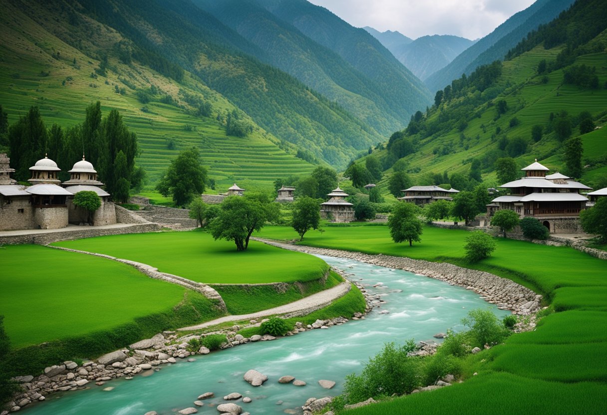 A scenic view of Swat Valley with lush green mountains, flowing rivers, and historic Buddhist ruins