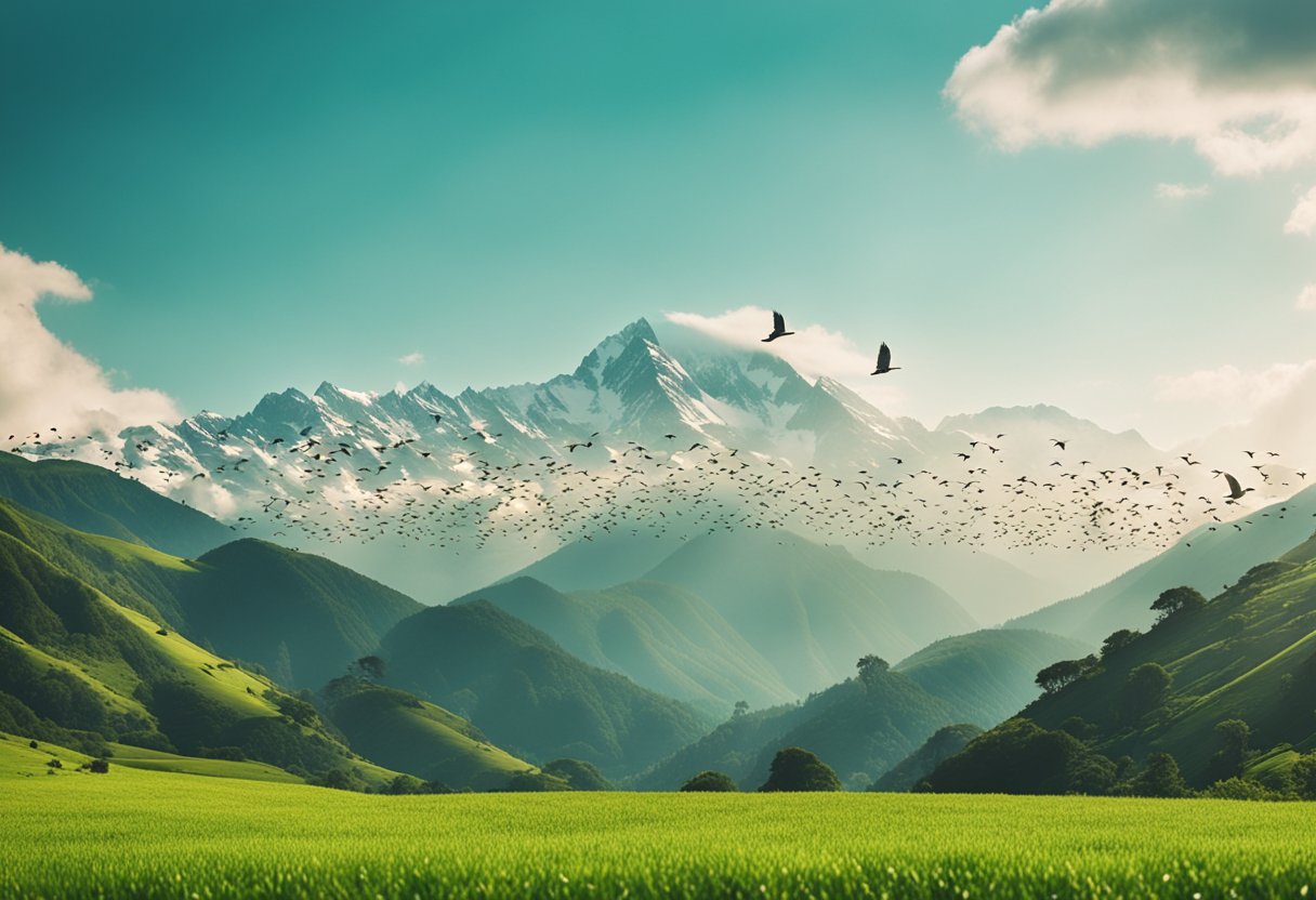 A flock of colorful birds soaring over a lush, green landscape with a majestic mountain in the background