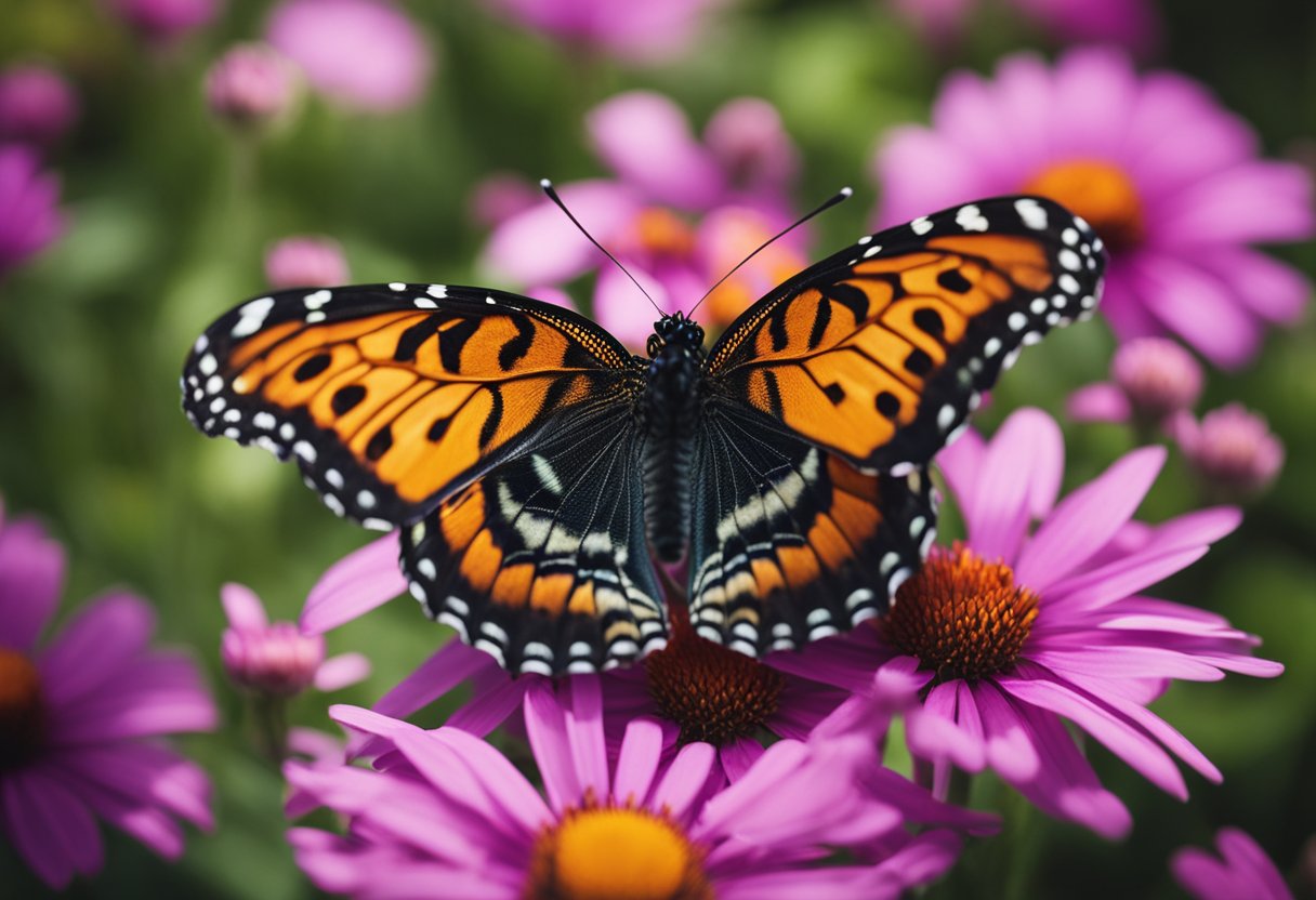 A butterfly with intricate patterns on its wings, resting on a vibrant flower in a lush garden