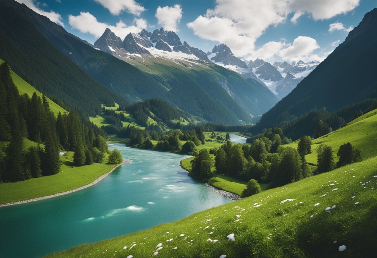 A serene mountain valley with lush greenery, snow-capped peaks, and a crystal-clear river winding through, resembling the picturesque landscapes of Switzerland