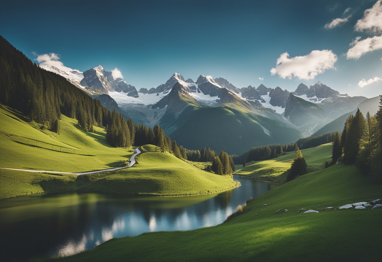 A serene mountain valley with lush green meadows, crystal-clear rivers, and snow-capped peaks, resembling the natural beauty of Switzerland