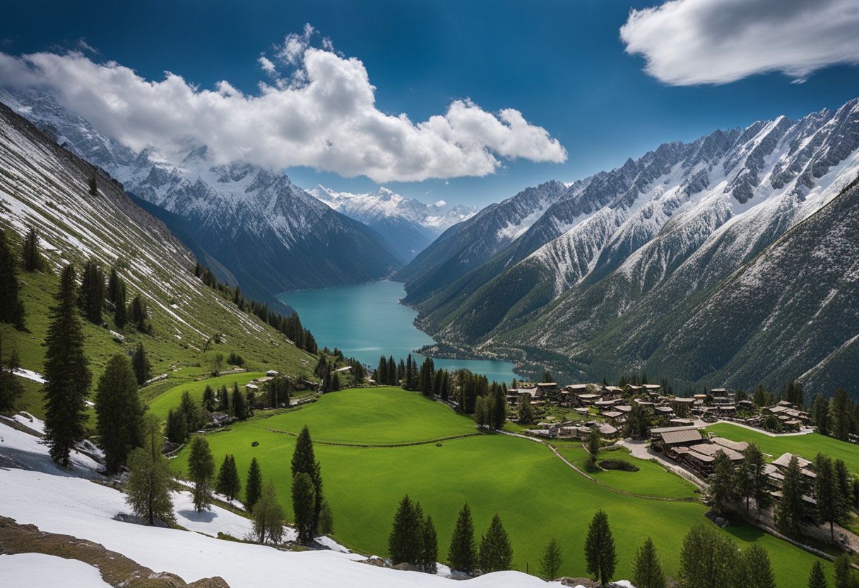 A panoramic view of lush green valleys, snow-capped mountains, and pristine lakes in Swat, Pakistan, evoking the nickname "Switzerland of Pakistan."