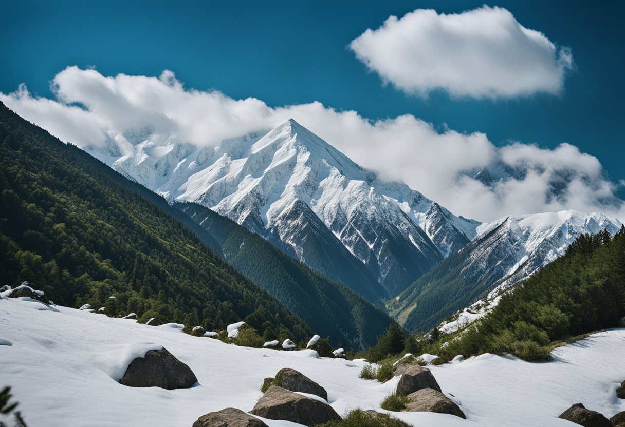 A breathtaking view of the snow-capped peak of Toli Pir in Rawalakot, surrounded by lush green valleys and clear blue skies