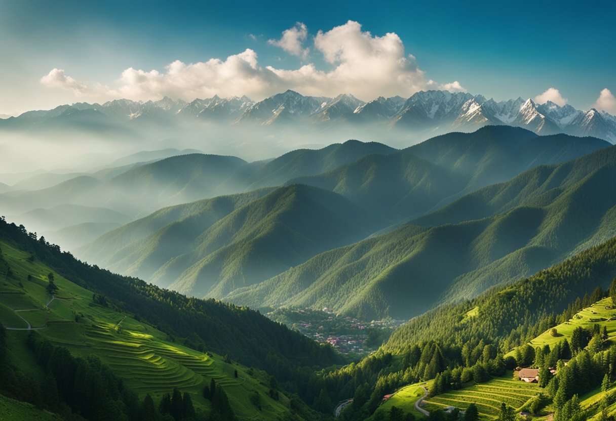 A panoramic view of Rawalakot, with the towering peak of Toli Pir in the distance, surrounded by lush green valleys and misty mountains