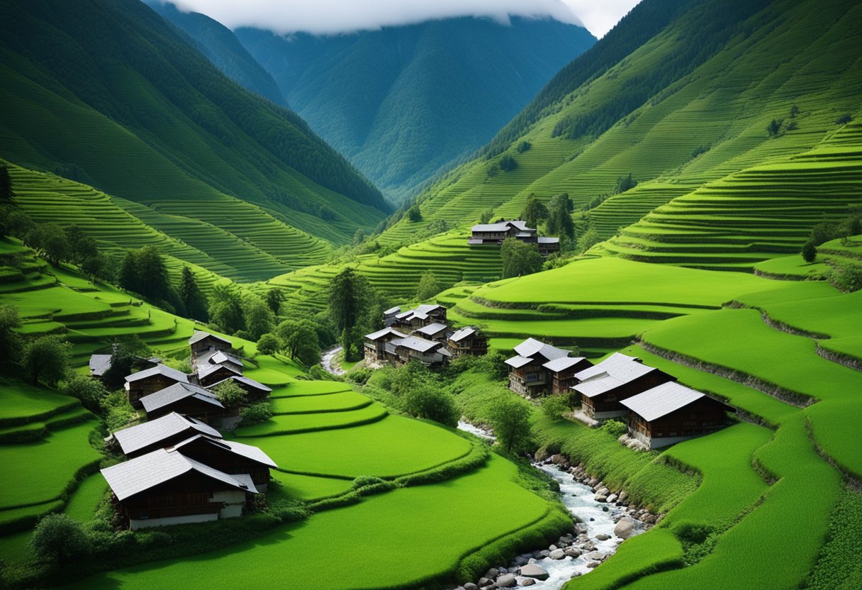 Lush green valley surrounded by towering snow-capped mountains. Crystal-clear rivers flow through the landscape, with traditional stone houses dotting the hillsides