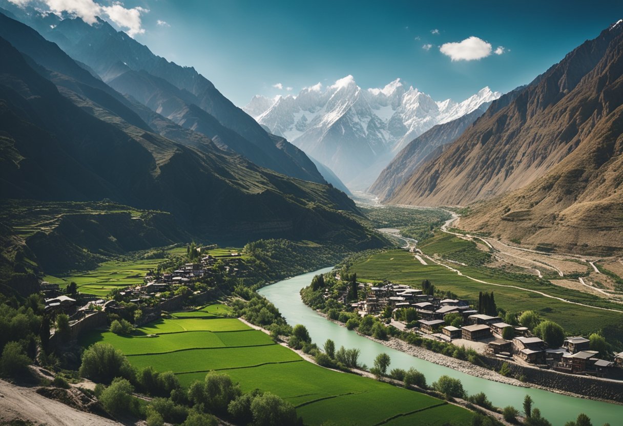 A panoramic view of Hunza Valley, with snow-capped mountains, lush green fields, and the meandering Hunza River