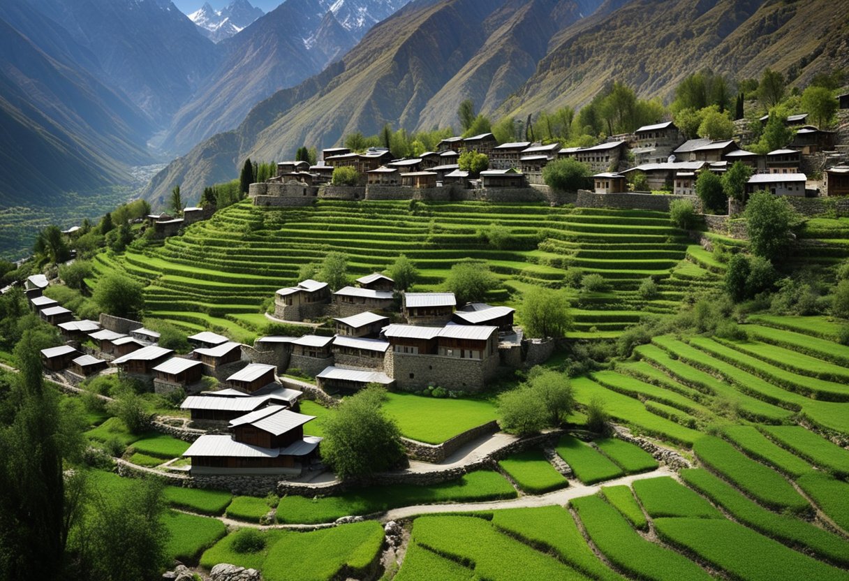 A panoramic view of Hunza Valley with snow-capped mountains, lush green terraced fields, and ancient stone houses nestled in the valley