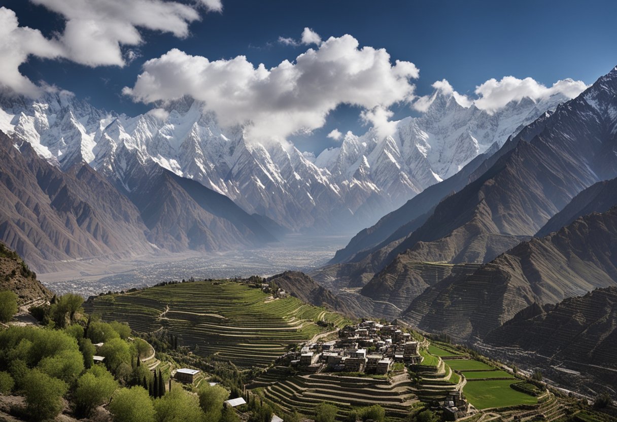 Aerial view of Hunza Valley with terraced fields and snow-capped mountains. Karimabad is the famous village in Hunza