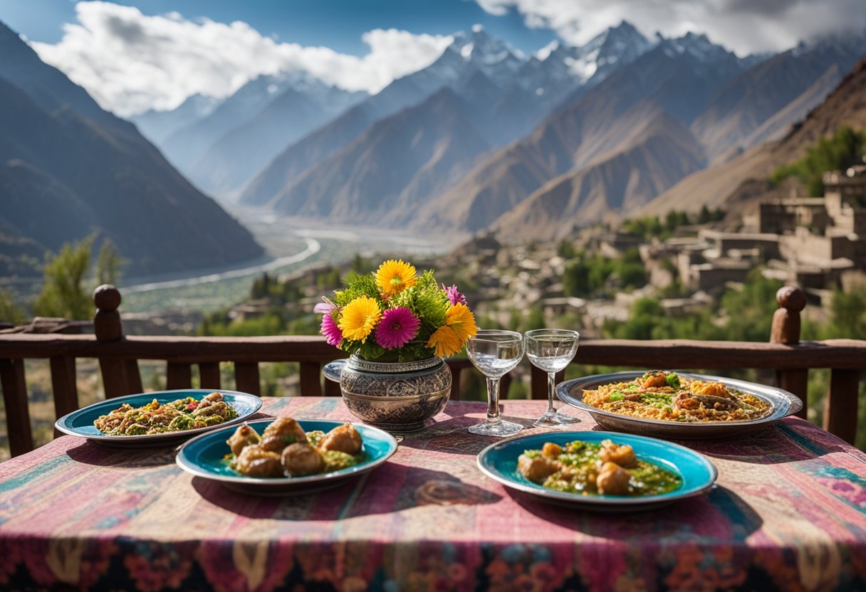 A table set with colorful dishes of Hunza cuisine, surrounded by mountainous landscape and traditional architecture