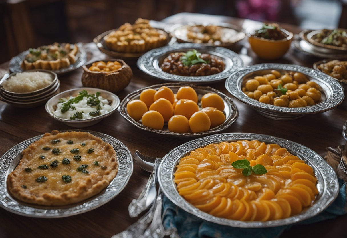 A table adorned with colorful dishes of Hunza cuisine, including local favorites like Chapshuro, Thukpa, and Apricot Tart