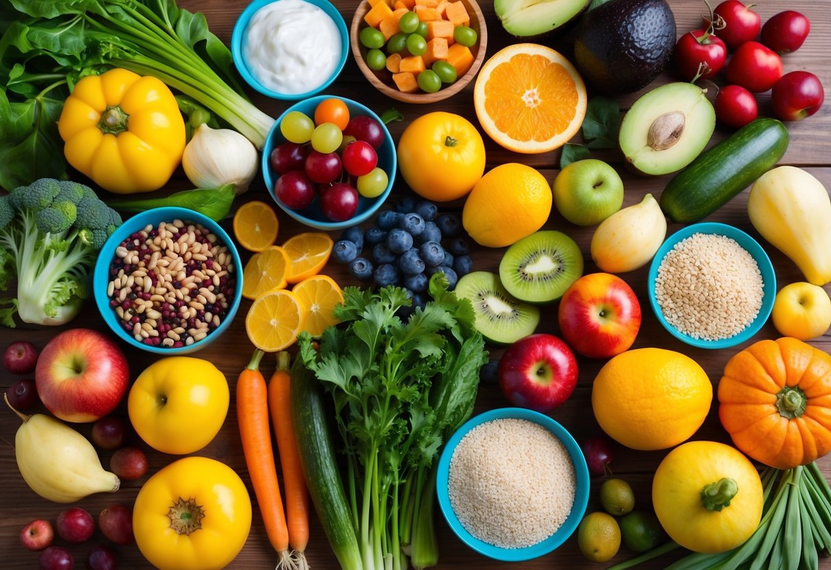 A colorful array of fruits, vegetables, whole grains, and probiotic-rich foods arranged on a wooden table