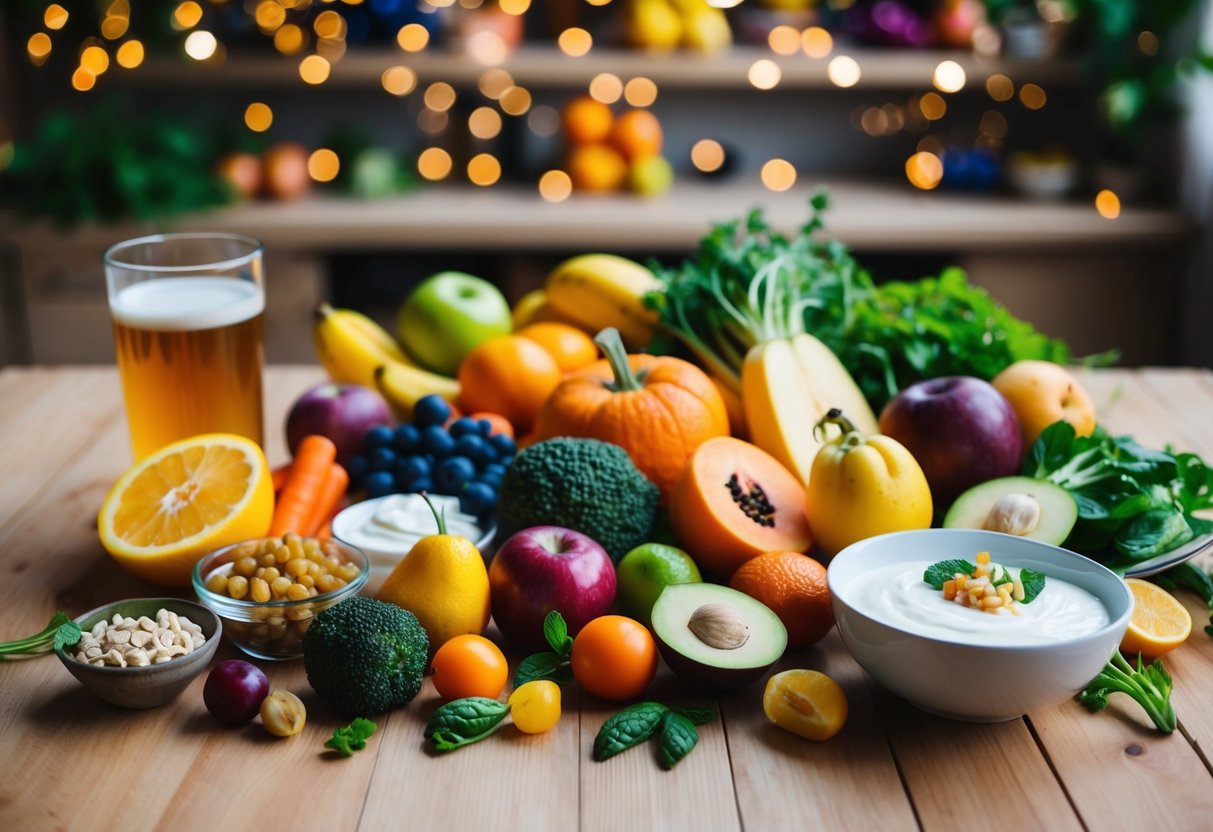 A colorful array of fruits, vegetables, and probiotic-rich foods arranged on a wooden table, with a glass of kombucha and a bowl of yogurt