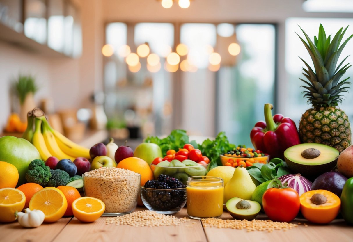 A colorful array of fruits, vegetables, whole grains, and fermented foods arranged on a wooden table