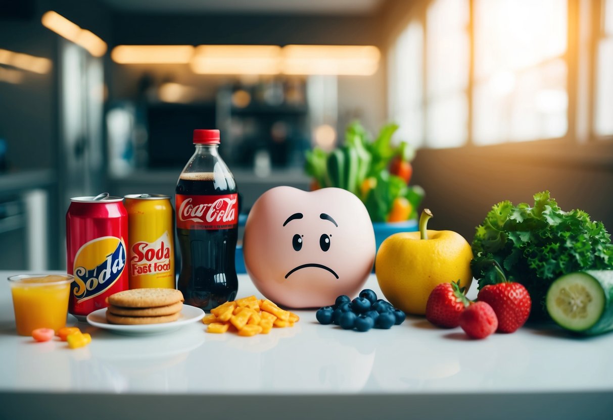 A table with unhealthy foods (soda, fast food, candy) next to a sad-looking stomach surrounded by fruits and vegetables