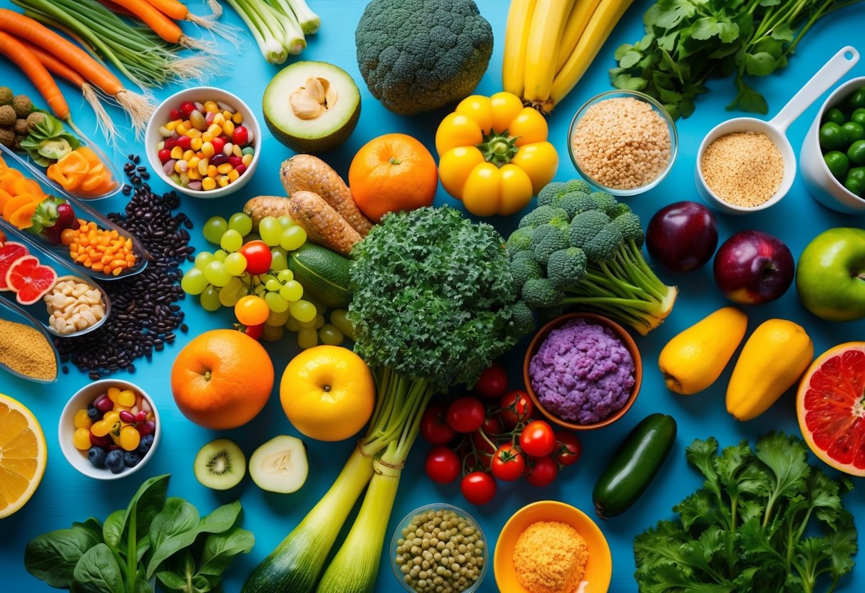 A colorful array of fruits, vegetables, whole grains, and fermented foods displayed on a table, surrounded by images of healthy gut bacteria