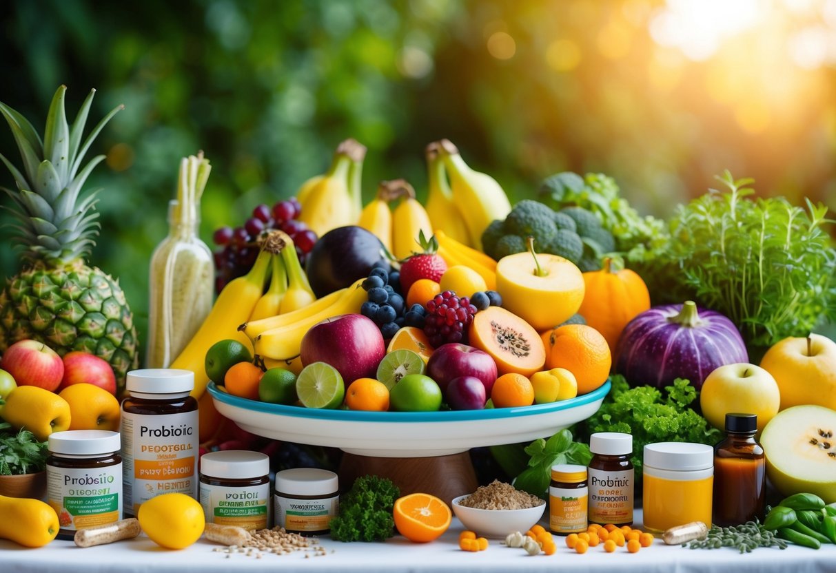 A colorful array of fruits, vegetables, and probiotic-rich foods displayed on a table, surrounded by a variety of supplements and herbal remedies for gut health