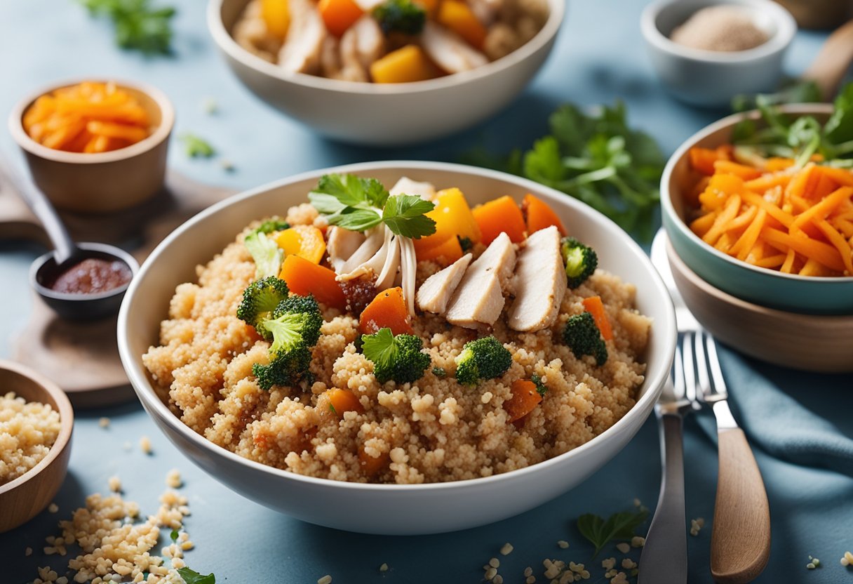 Uma tigela de quinoa cozida coberta com legumes assados e frango desfiado, cercada por ingredientes coloridos e utensílios de cozinha.