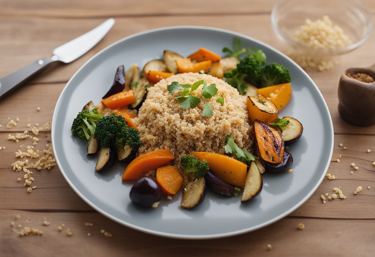 Um prato de quinoa com legumes assados e frango desfiado, mostrando uma refeição equilibrada e nutritiva.