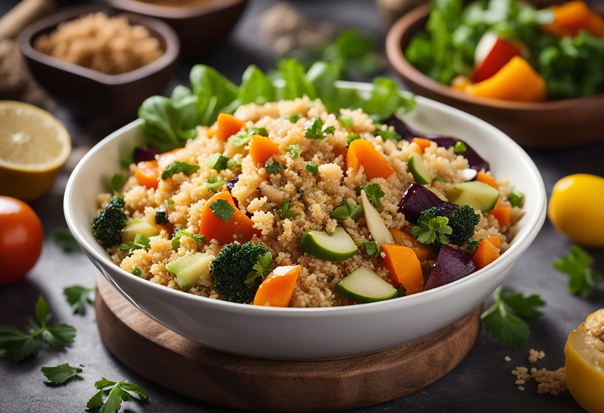 Uma tigela de quinoa cozida misturada com legumes assados e frango desfiado, cercada por ingredientes coloridos e vibrantes.