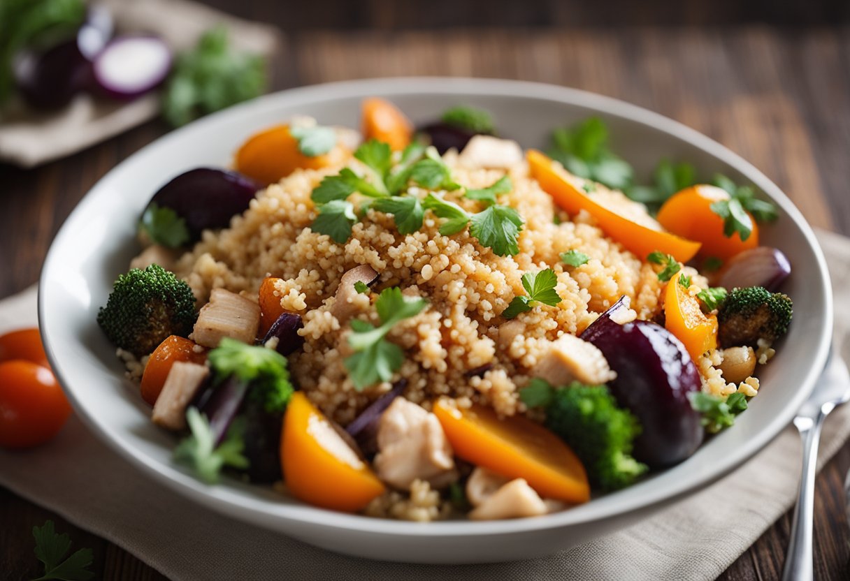 Uma tigela de quinoa cozida coberta com legumes assados e frango desfiado, pronta para ser personalizada e montada em uma refeição deliciosa.