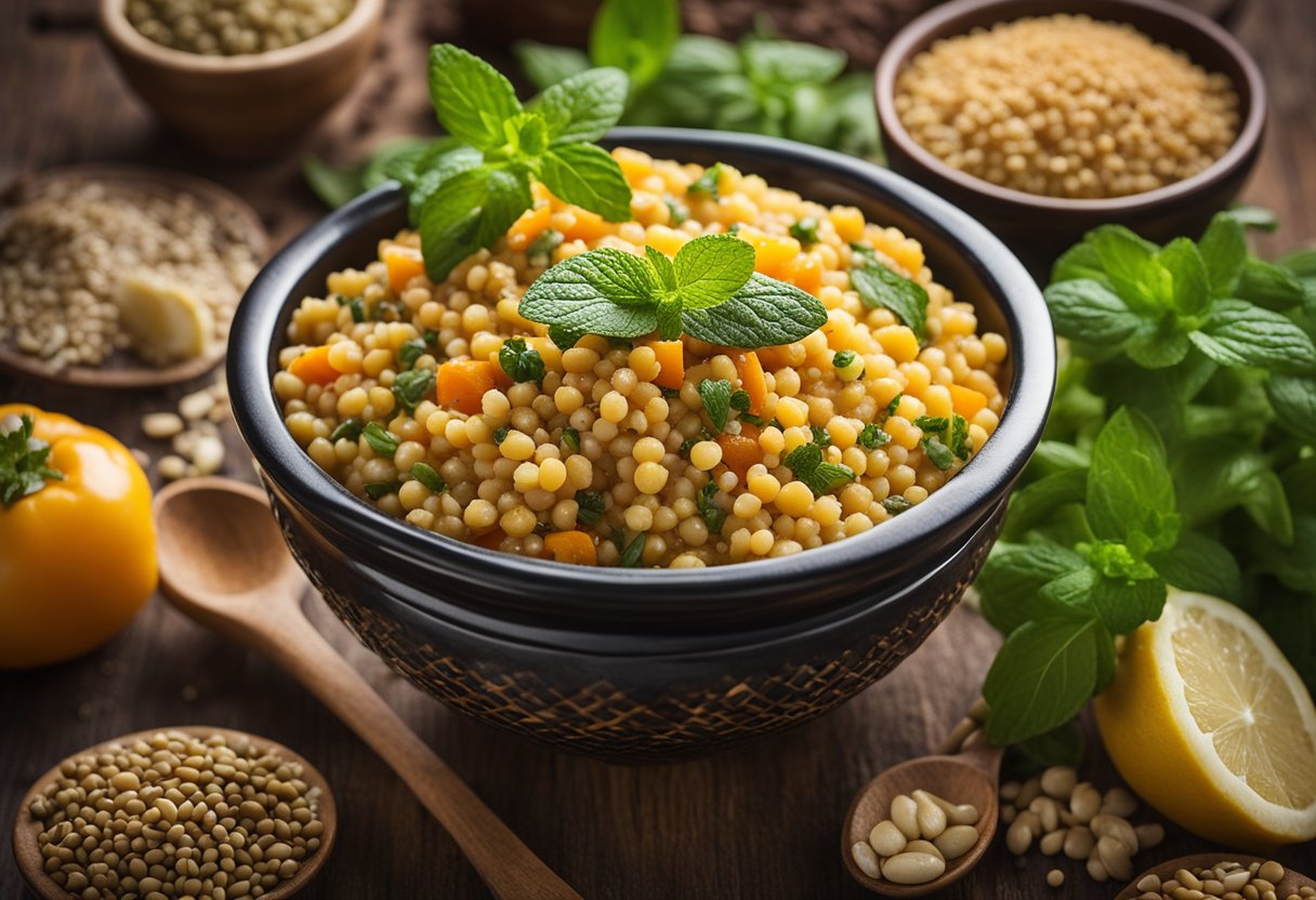 Uma tigela de cuscuz marroquino com lentilhas e folhas de hortelã, cercada por vários ingredientes como vegetais e ervas.