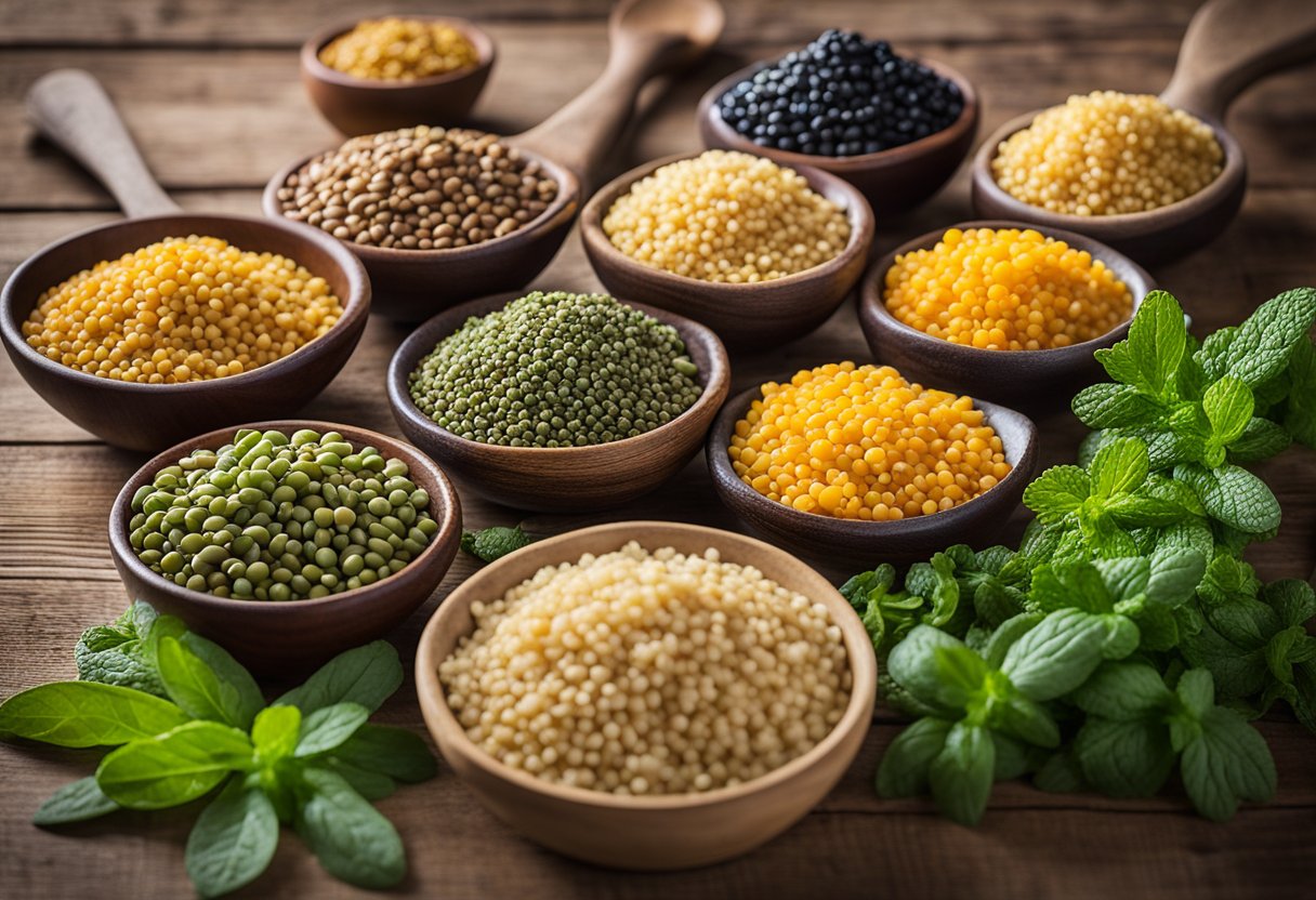 Uma colorida variedade de lentilhas, folhas de hortelã e cuscuz marroquino fofinho dispostos em uma mesa rústica de madeira, prontos para serem preparados em um prato nutritivo e saboroso.