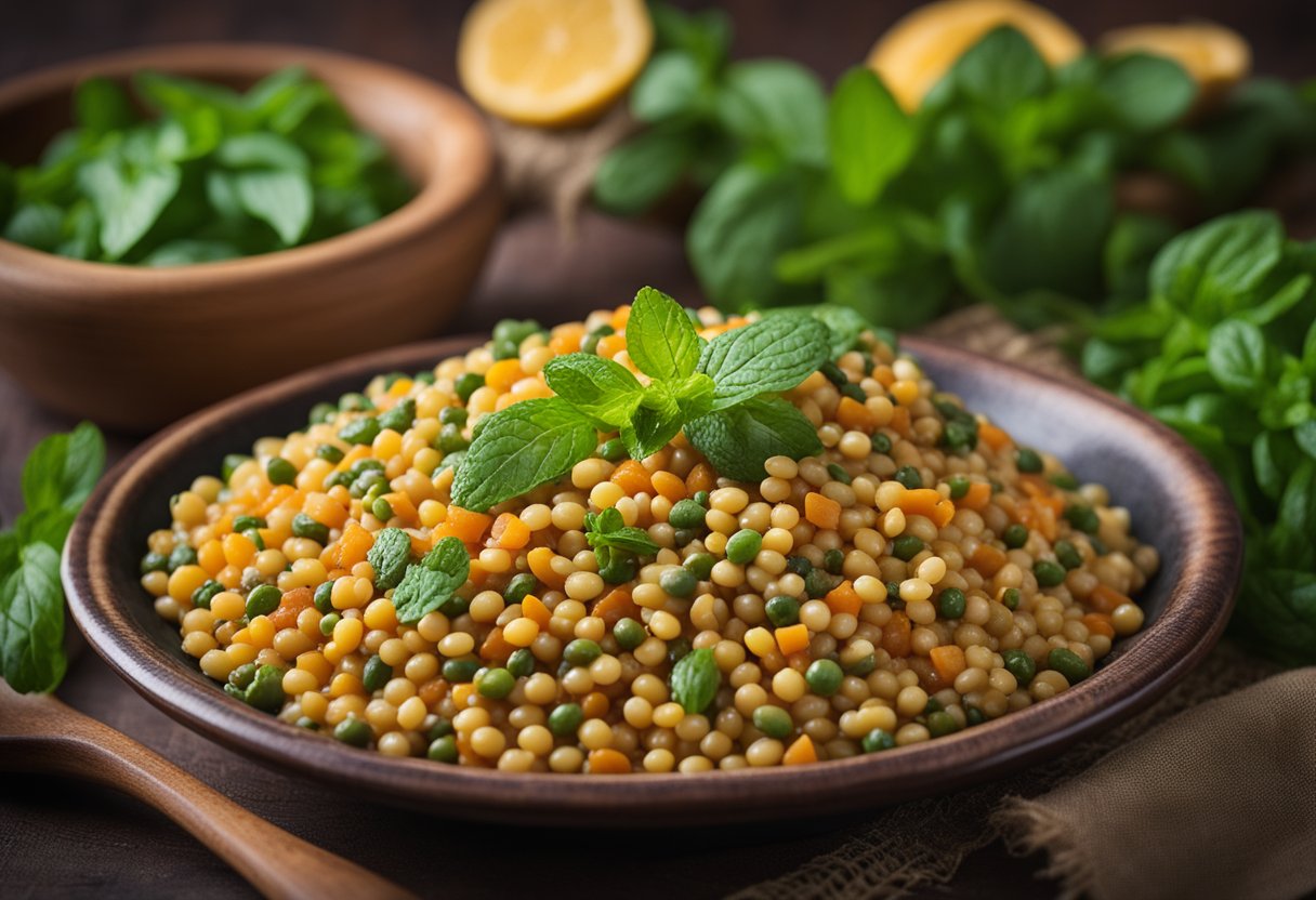 Uma colorida variedade de lentilhas e folhas de hortelã fresca cercam uma cama fofa de cuscuz marroquino, criando um prato vibrante e nutritivo.