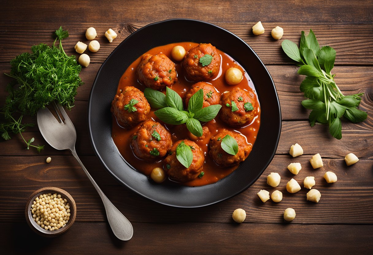 Um prato de almôndegas vegetarianas de grão-de-bico com molho de tomate, guarnecido com ervas frescas e servido em uma mesa rústica de madeira