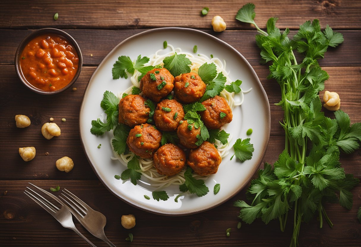 Um prato de almôndegas vegetarianas de grão-de-bico com molho de tomate, guarnecido com ervas frescas e servido em uma mesa rústica de madeira