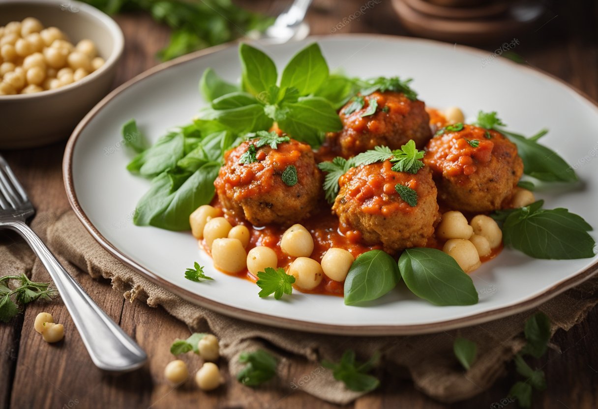 Um prato de almôndegas vegetarianas de grão-de-bico ao molho de tomate, guarnecido com ervas frescas e servido em uma mesa rústica de madeira