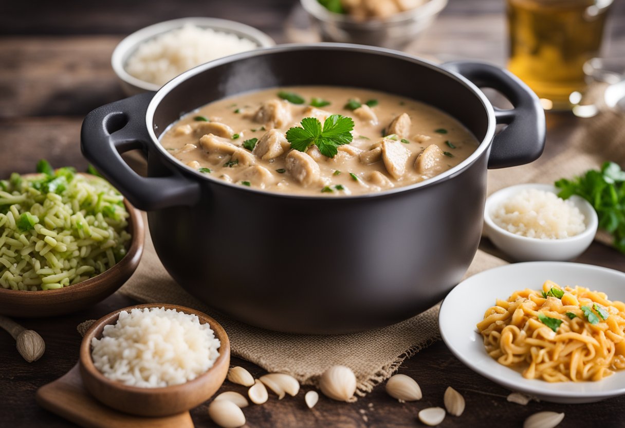 Uma panela fervente de estrogonofe de frango com leite de coco e um acompanhamento de arroz integral