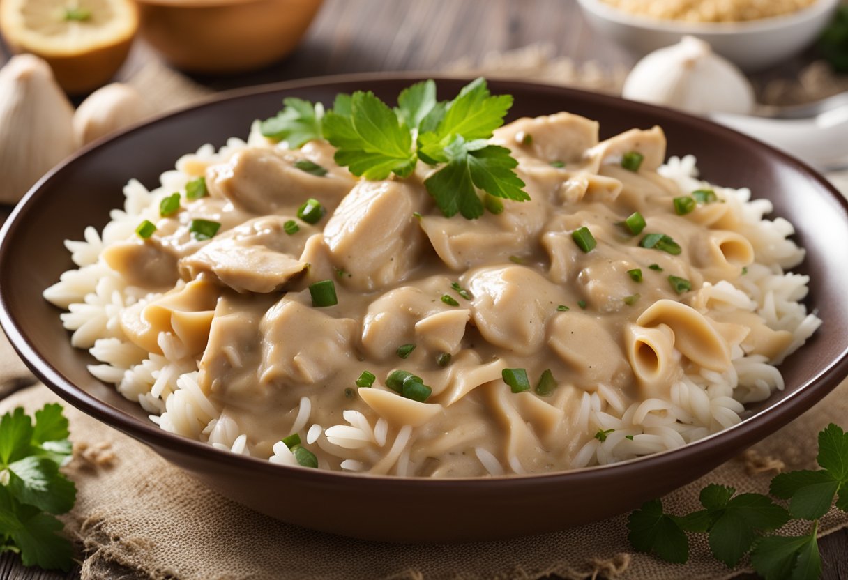 Um strogonoff de frango leve e cremoso com leite de coco, servido com arroz integral