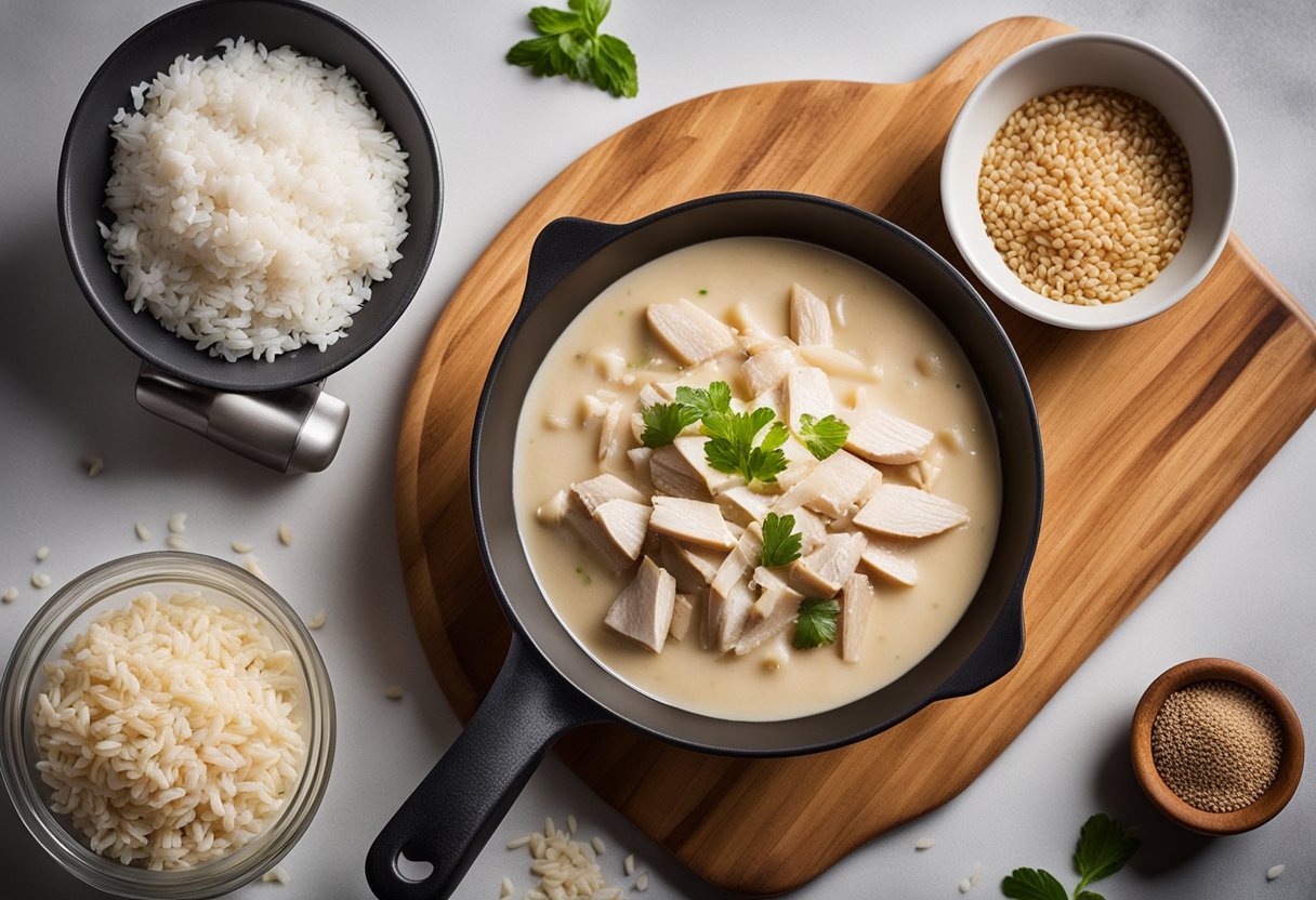 Uma bancada com uma tábua de corte, frango, leite de coco e arroz. Ingredientes estão sendo preparados para um leve estrogonofe de frango com leite de coco e arroz integral.