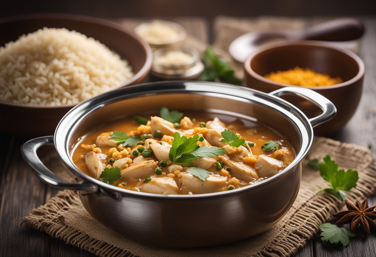 Uma panela fervendo com frango, leite de coco e especiarias, ao lado de uma tigela de arroz integral fumegante.
