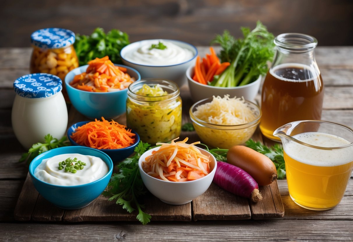 A colorful array of probiotic-rich foods, such as yogurt, kimchi, sauerkraut, and kombucha, displayed on a rustic wooden table