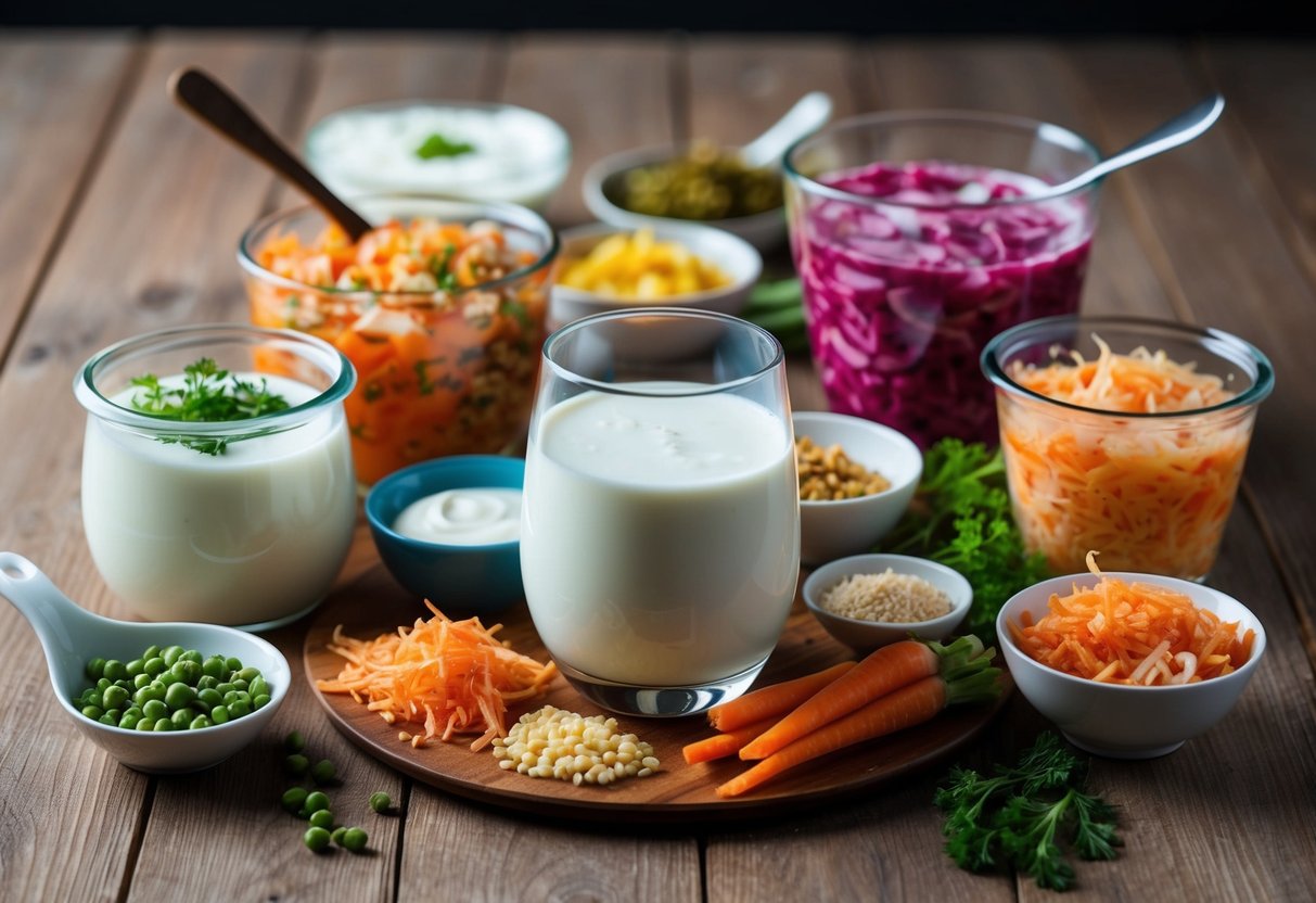 A glass of kefir surrounded by a variety of probiotic-rich foods, such as yogurt, kimchi, and sauerkraut, displayed on a wooden table