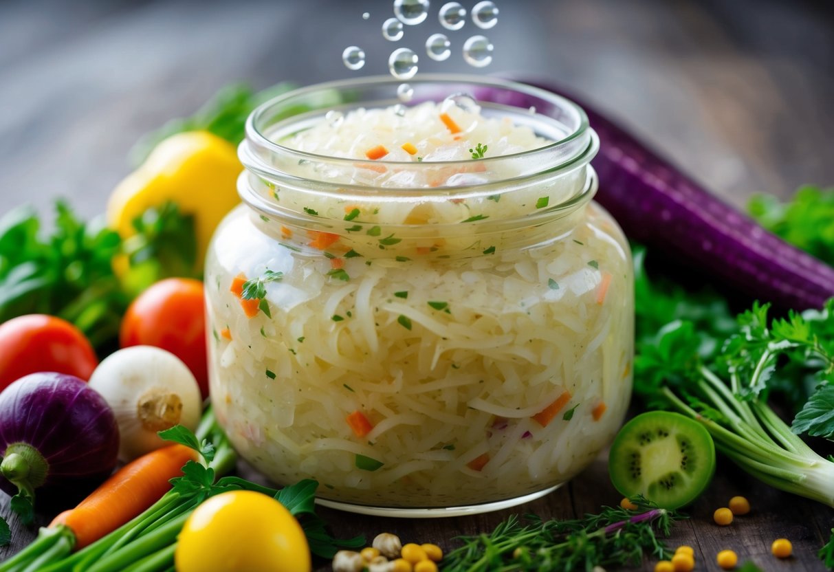 A jar of sauerkraut surrounded by colorful vegetables and herbs, with bubbles rising to the surface, showcasing its probiotic richness