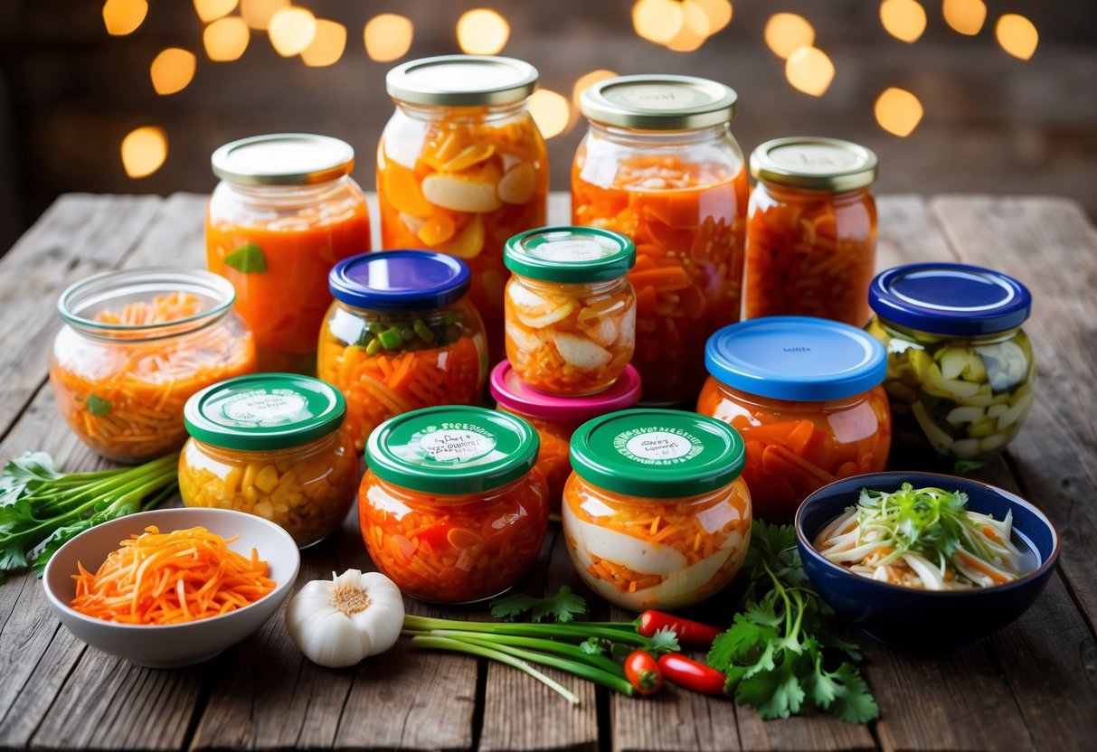 A colorful array of kimchi jars and assorted probiotic-rich foods arranged on a rustic wooden table