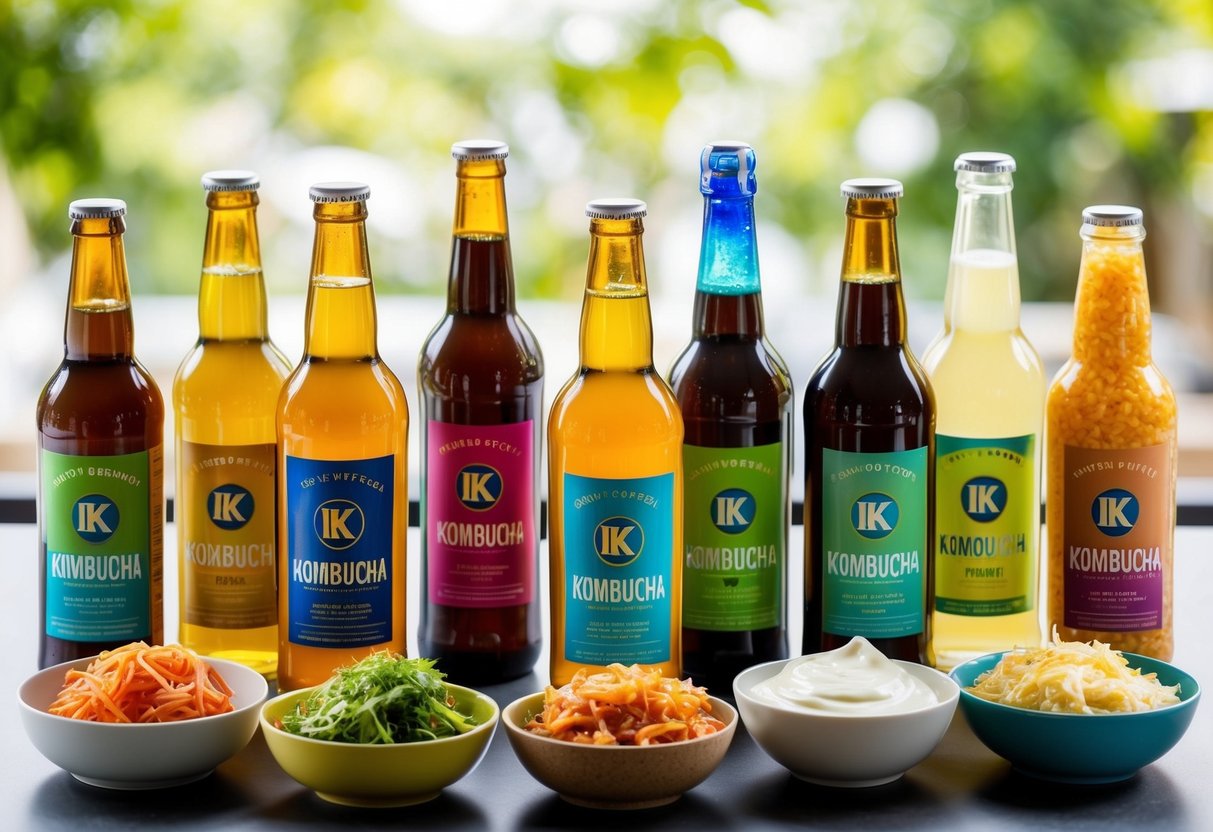 A variety of colorful glass bottles filled with kombucha, surrounded by bowls of other probiotic-rich foods such as yogurt, kimchi, and sauerkraut