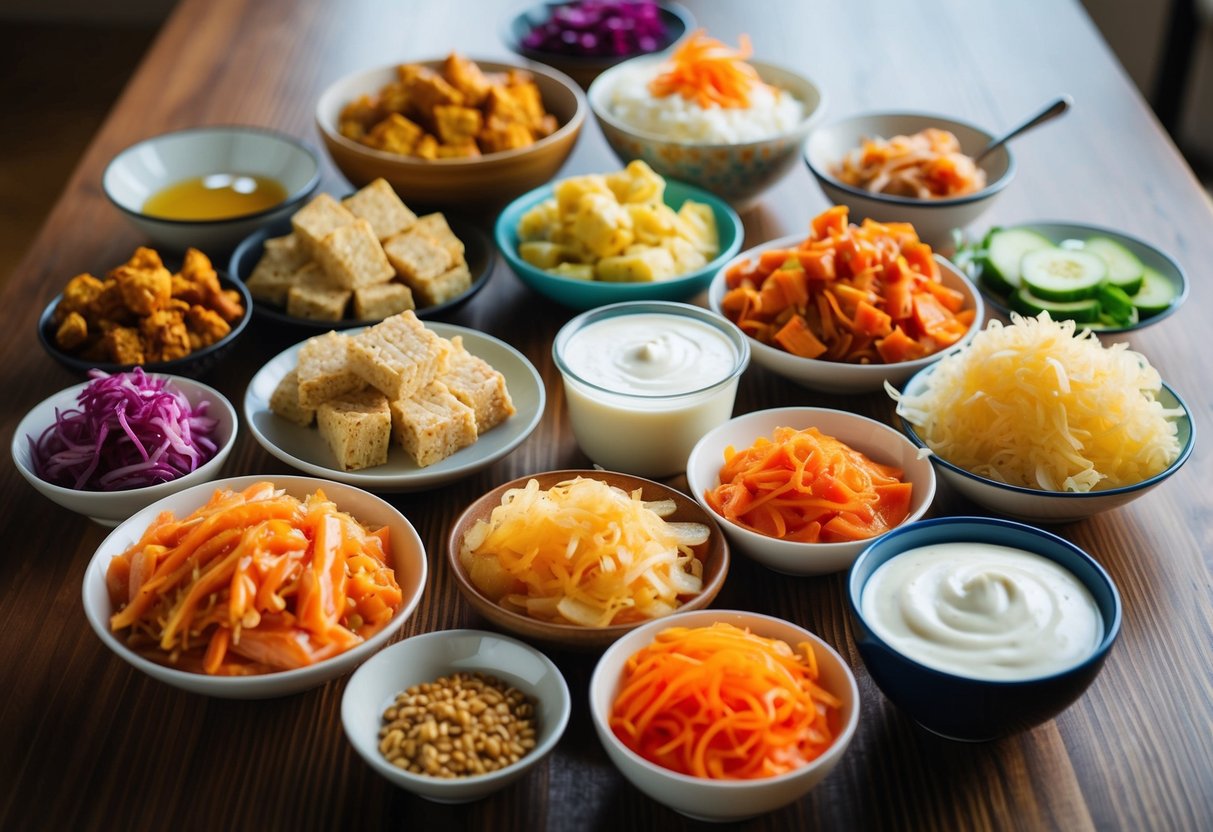 A colorful array of tempeh, yogurt, kimchi, and sauerkraut on a wooden table