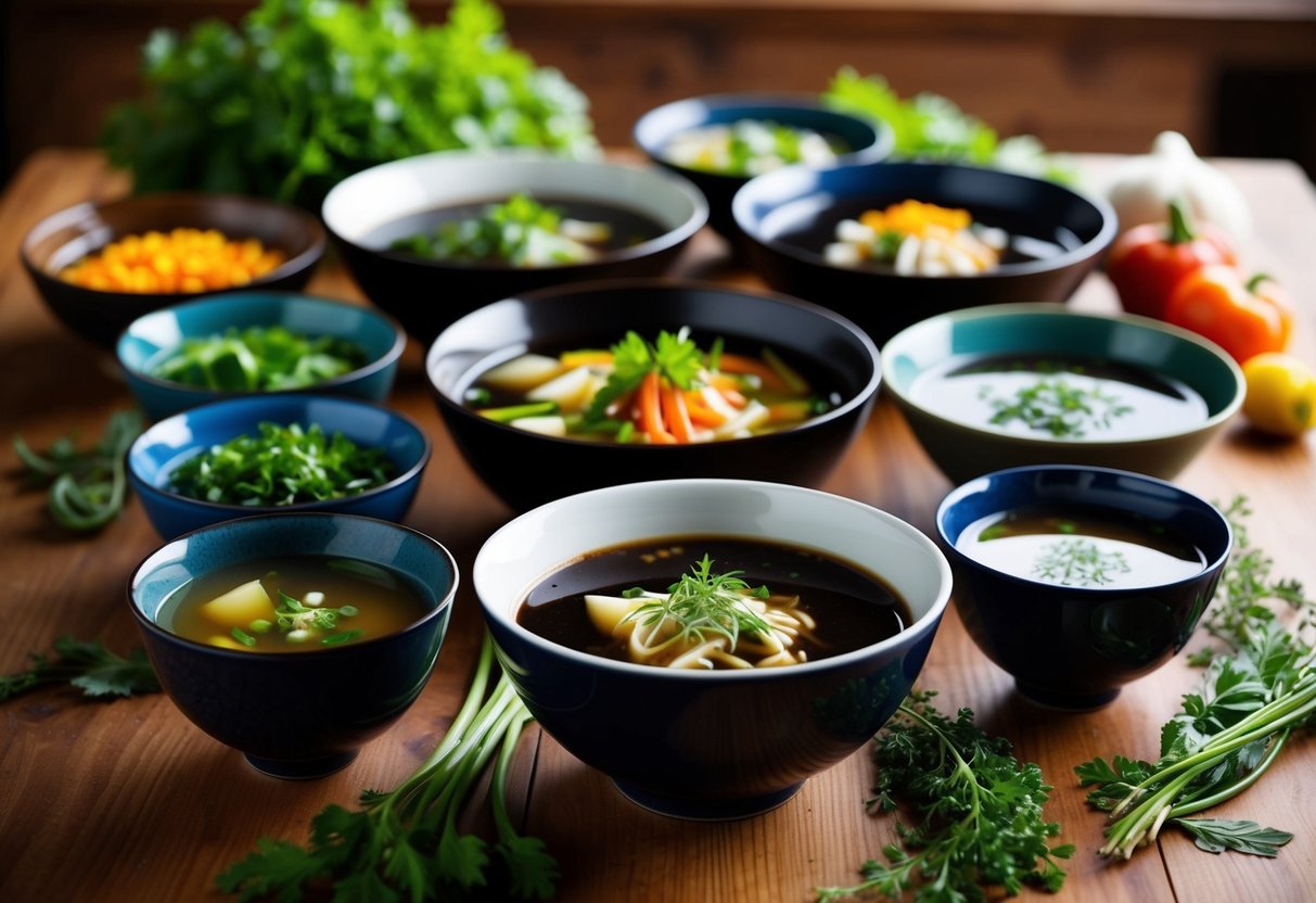 A variety of miso soup bowls surrounded by colorful vegetables and herbs on a wooden table