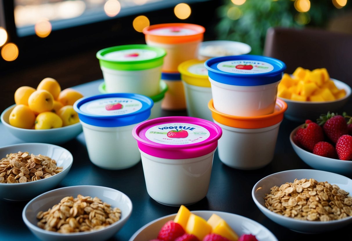 A table with a variety of colorful containers of yogurt, surrounded by bowls of fresh fruit and granola