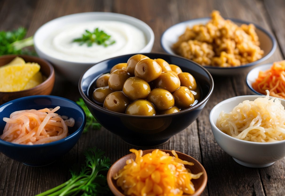 A bowl of natto surrounded by other probiotic-rich foods like yogurt, kimchi, and sauerkraut on a wooden table