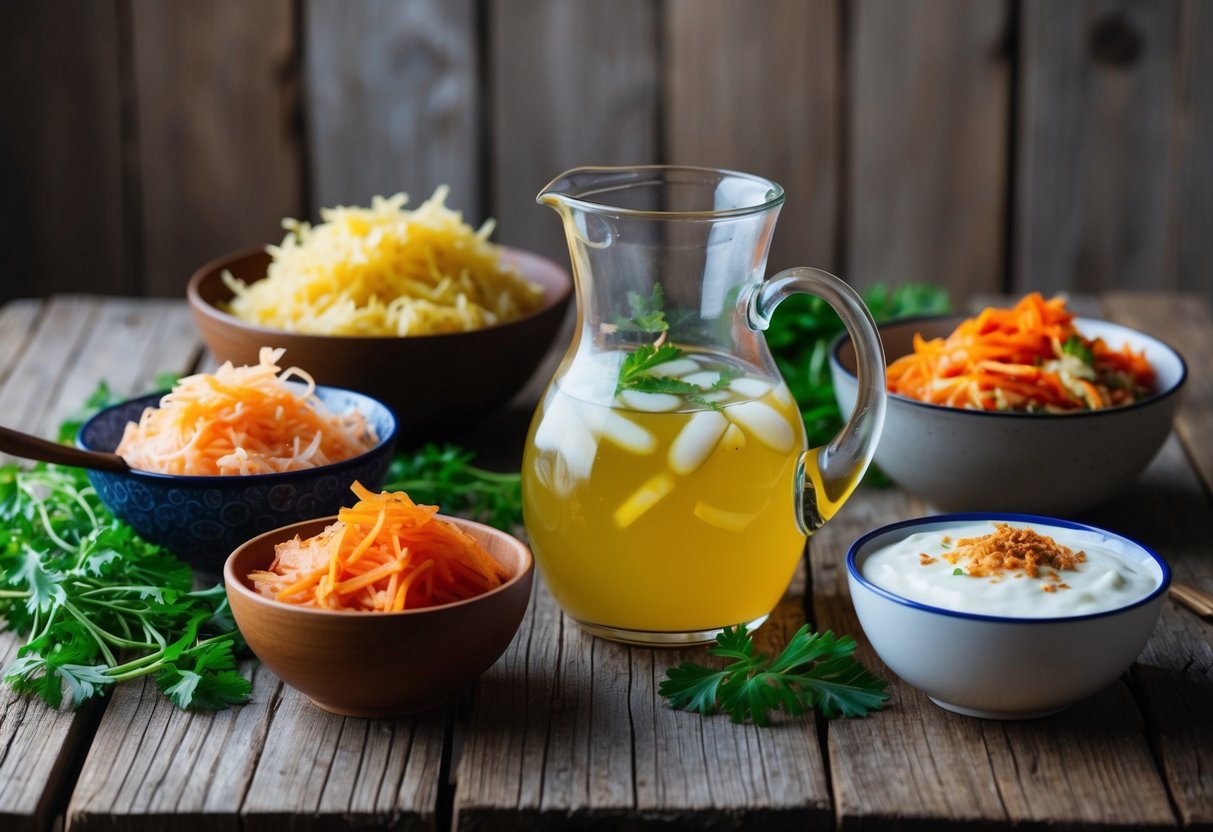 A rustic wooden table with a pitcher of kvass surrounded by bowls of fermented foods like sauerkraut, kimchi, and yogurt