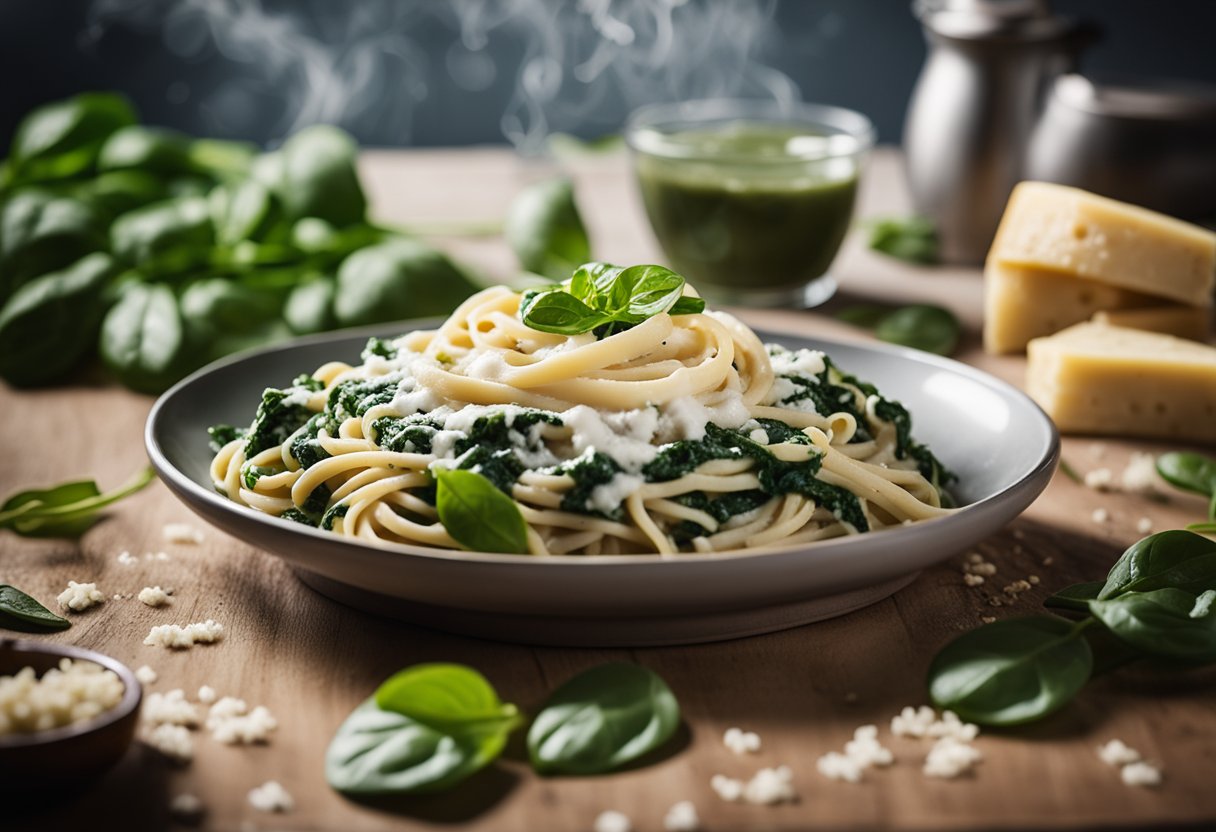 Um prato fumegante de massa integral coberta com um molho cremoso de espinafre e ricota, decorado com folhas de espinafre fresco e uma pitada de queijo ralado.