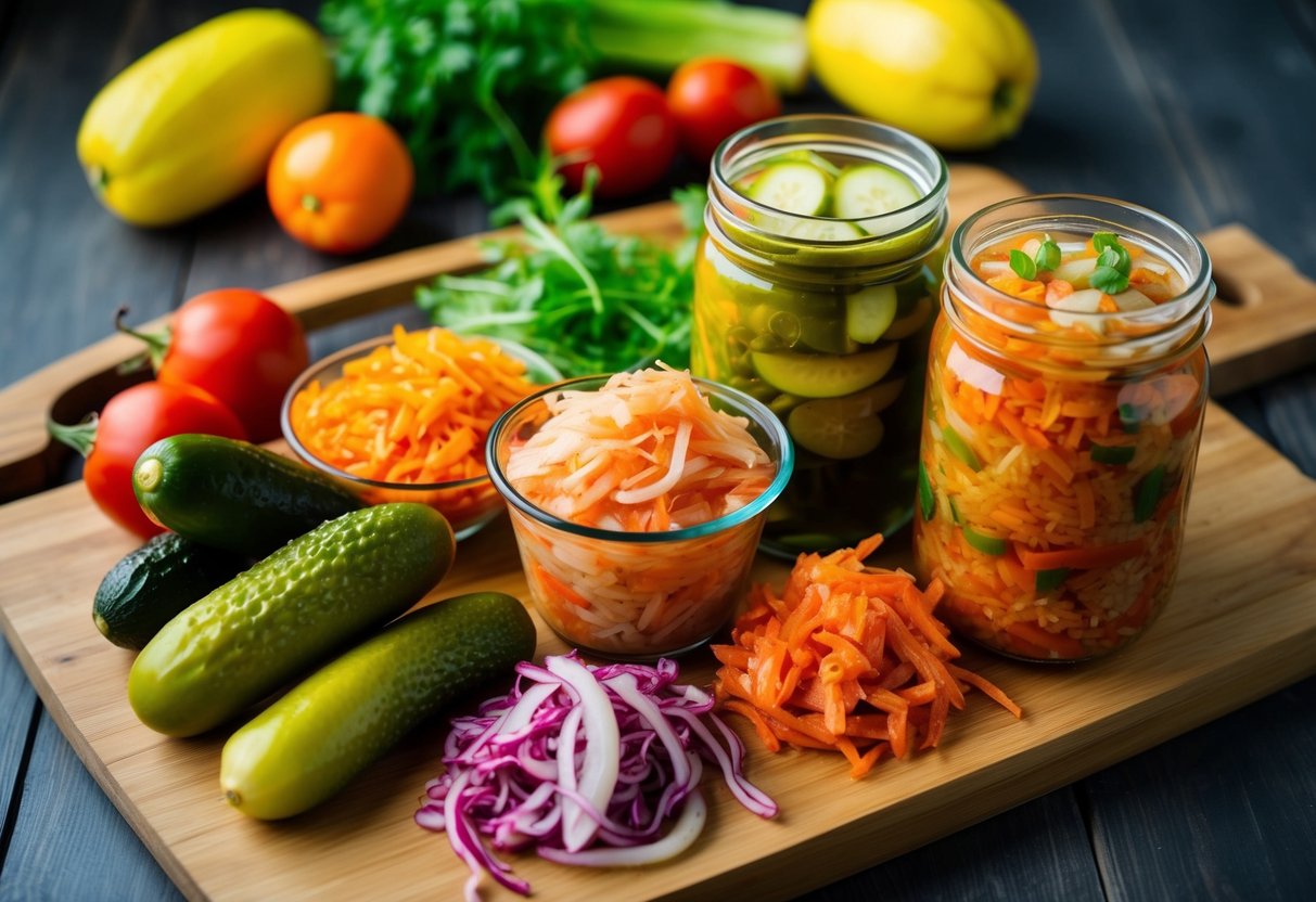 A colorful array of fermented foods, including pickles, sauerkraut, and kimchi, are displayed on a wooden cutting board