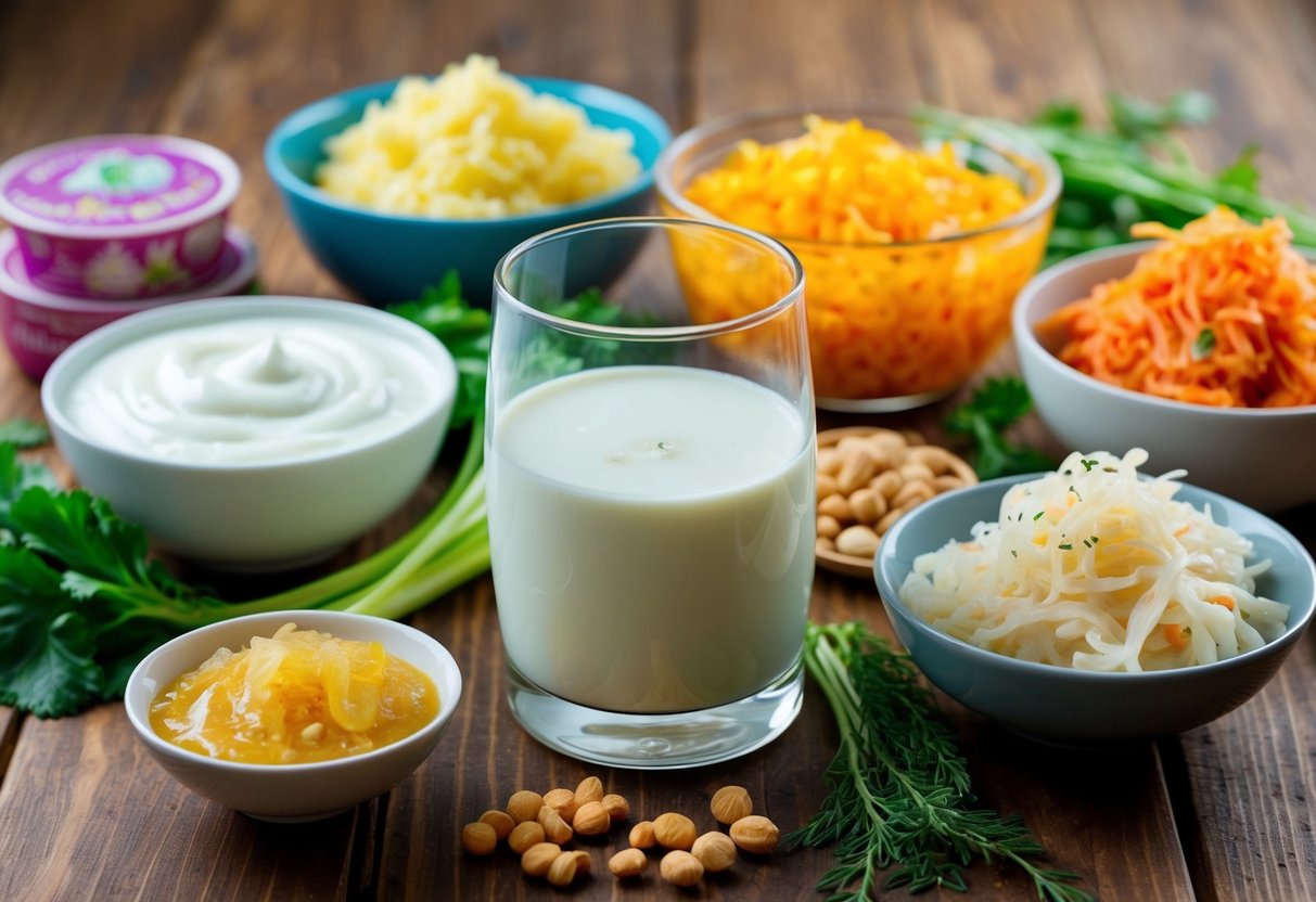 A glass of buttermilk surrounded by a variety of probiotic-rich foods such as yogurt, kefir, sauerkraut, and kimchi on a wooden table