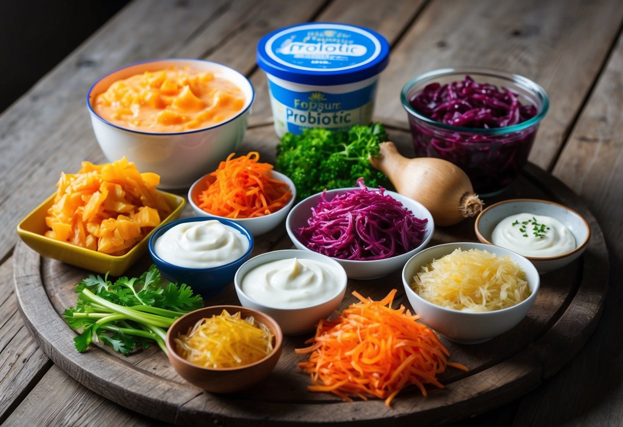 A colorful array of probiotic-rich foods, including yogurt, kimchi, sauerkraut, and miso, displayed on a rustic wooden table